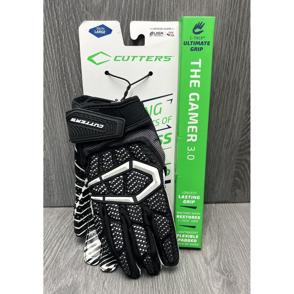 Cutters The Gamer 3.0 Youth Large Football‎ Gloves Black White C-TACK Grip